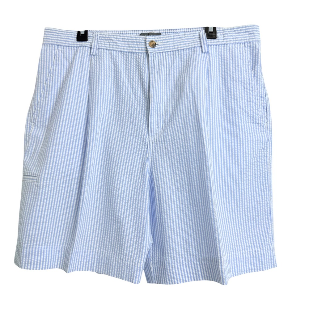 Saddlebred Mens Blue White Seersucker Pleated Shorts Striped Elastic Waist 38